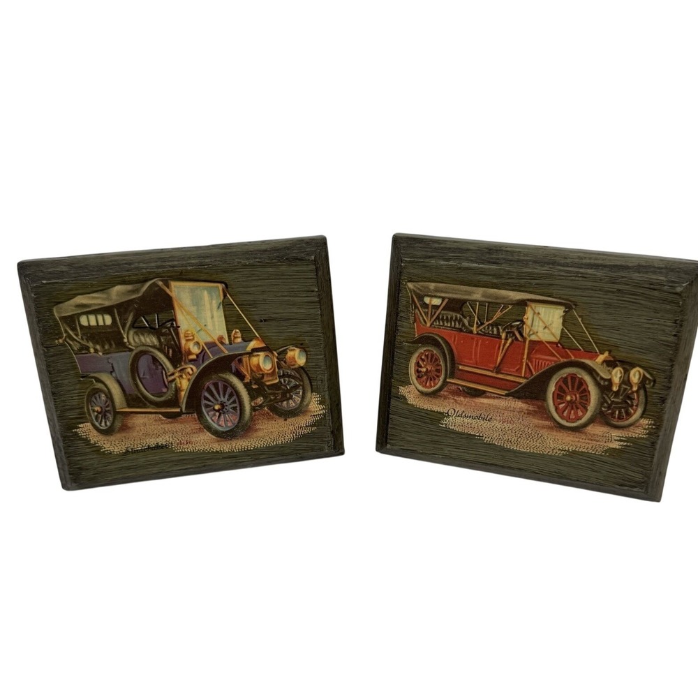 VTG Mini Cars Wooden Wall Art Set‎ (2) 1906 Studebaker & 1910 Oldsmobile 3.5x4